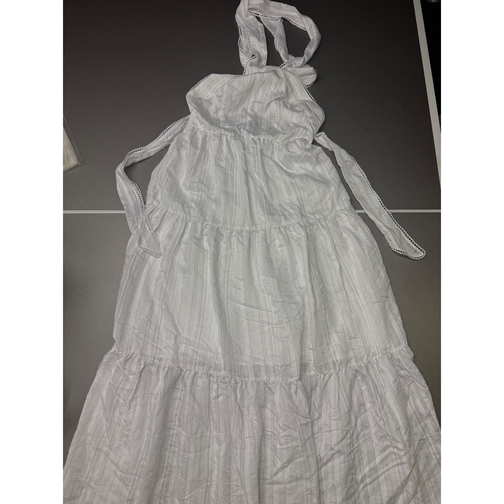 Forever 21 White Striped Halter Maxi Dress Tiered Lace Trim NWT Size S